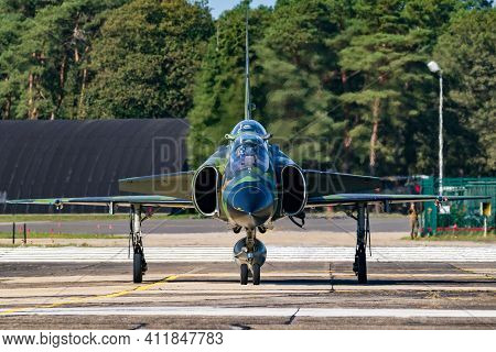Former Swedish Air Force Saab 37 Viggen Fighter Jet Taxiing On Kleine-brogel Airbase. Belgium - Sept