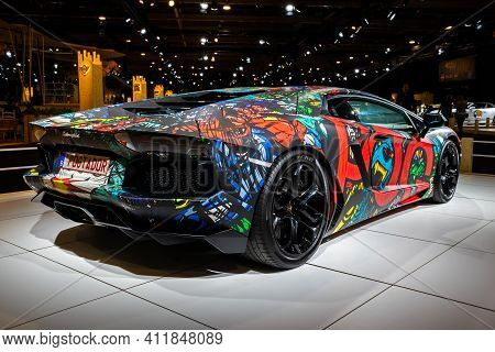 Pog Lamborghini Aventador Hypercar At The Autosalon 2020 Motor Show. Brussels, Belgium - January 9, 