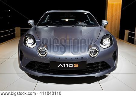 Alpine A110 S Sports Car At The Autosalon 2020 Motor Show. Brussels, Belgium - January 9, 2020.