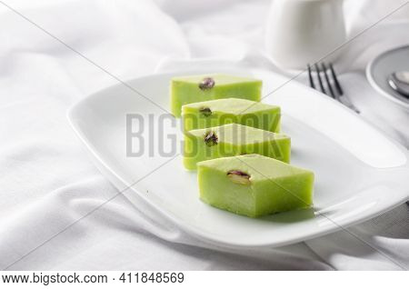 Raditional Turkish Delight With Coffee On Breackfast. Arabic Dessert Pistachios Halva And Rahat Loku