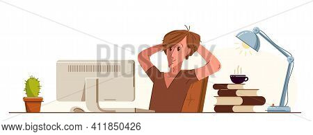 Young Man Office Worker Having Coffee Break During A Day Vector Flat Illustration Isolated, Relaxed 