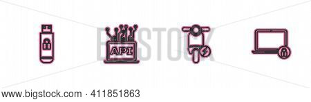 Set Line Usb Flash Drive With Lock, Electric Scooter, Computer Api Interface And Laptop And Icon. Ve
