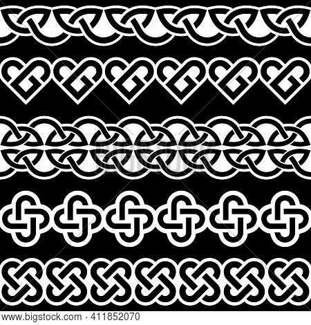 Irish Celtic Vector Seamless Vector Braided White Patterns Collection On Black Background, Border An