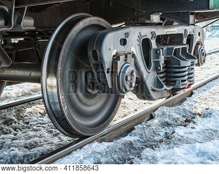 A Railway Bogie On The Rails. Close-up.