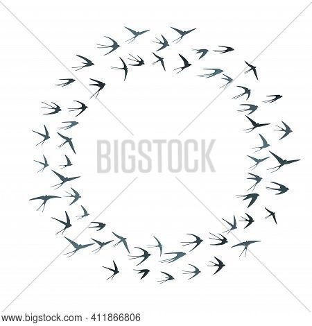 Flying Martlet Birds Silhouettes Vector Illustration. Migratory Martlets Flock Isolated On White.