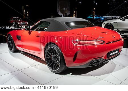 Brussels - Jan 18, 2019: Mercedes-amg Gt C Roadster Sports Car Showcased At The 97th Brussels Motor 
