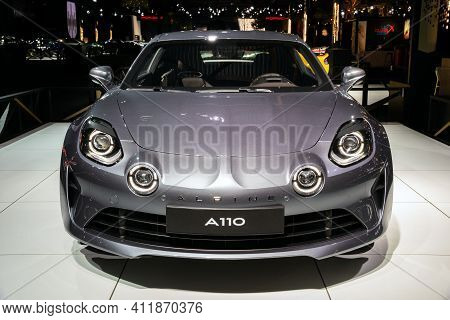Brussels - Jan 18, 2019: Alpine A110 Sports Car Showcased At The 97th Brussels Motor Show 2019 Autos