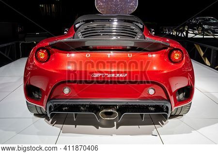 Brussels - Jan 18, 2019: Lotus Evora Gt410 Sport Sports Car Showcased At The Brussels Autosalon 2019