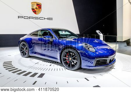 Brussels - Jan 18, 2019: New Porsche 911 Sports Car Showcased At The 97th Brussels Motor Show 2019 A