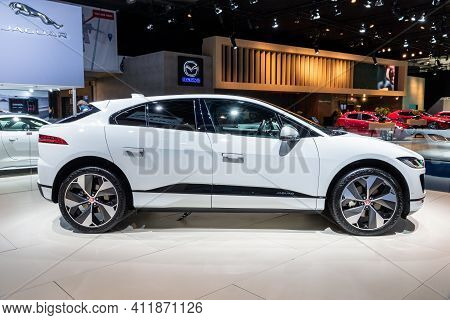 Brussels - Jan 18, 2019: Jaguar I-pace Ev400 Electric Suv Car Showcased At The Brussels Motor Show 2
