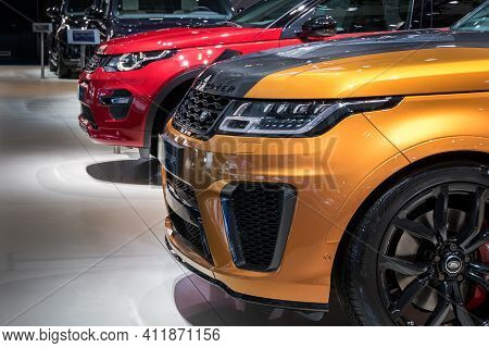 Brussels - Jan 18, 2019: Range Rover Land Rover Car Showcased At The 97th Brussels Motor Show 2019 A