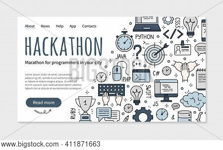 Hackathon And Datathon Landing Page In Doodle Style. Vector Template For The Event For Developers, P
