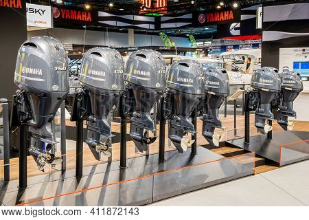 Dusseldorf, Germany - Jan 21, 2019: Row Of Yamaha Outboard Motors On Display At Boot Dusseldorf Inte