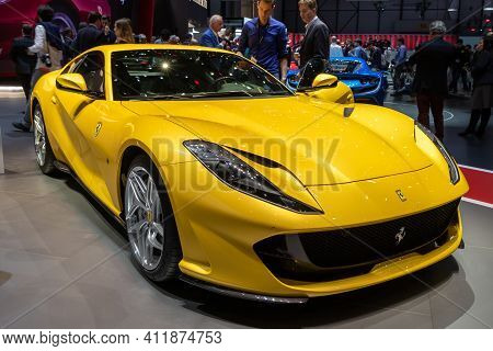 Geneva, Switzerland - March 5, 2019: Ferrari 812 Superfast Sports Car Showcased At The 89th Geneva I
