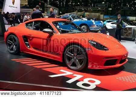 Geneva, Switzerland - March 5, 2019: Porsche 718 Cayman T Sports Car Showcased At The 89th Geneva In
