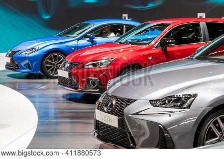 Geneva, Switzerland - March 6, 2019: Row Of New Lexus Cars Showcased At The 89th Geneva Internationa