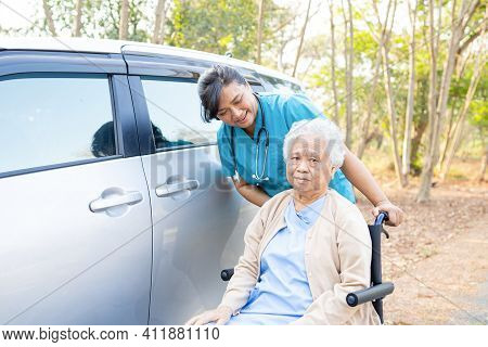 Doctor Help And Care Asian Senior Or Elderly Old Lady Woman Patient Sitting On Wheelchair At Nursing