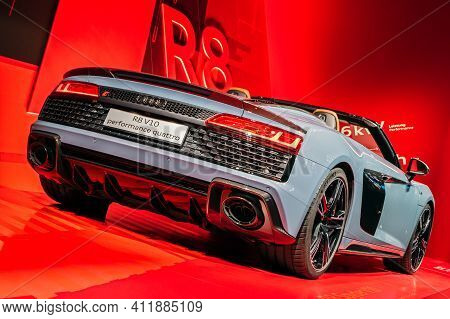 Frankfurt, Germany - Sep 10, 2019: Audi R8 V10 Performance Quattro Sports Car Showcased At The Frank