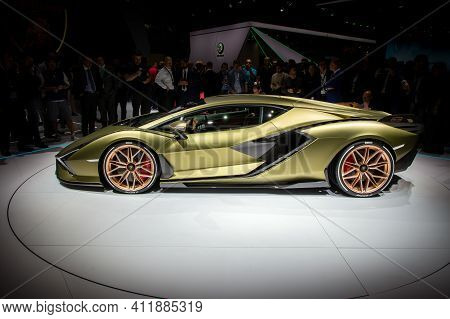 Frankfurt, Germany - Sep 10, 2019: Lamborghini Sian Fkp 37 Sports Car Unveiled At The Frankfurt Iaa 