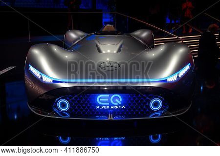 Frankfurt, Germany - Sep 10, 2019: Mercedes Benz Concept Eq Silver Arrow Electric Intelligence Car S