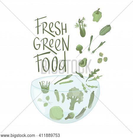 Fresh Green Food Sign With Vegetables Boho Colors. Handwritten Lettering Font For Print, Packaging D
