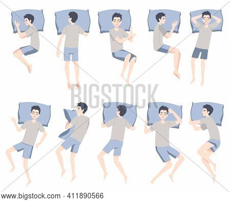 Sleep Position Set - Cartoon Man With Pillow Sleeping In Different Poses