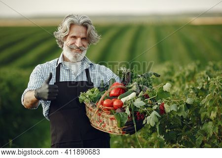 Senior With Box Vegetables Garden Background Sunse