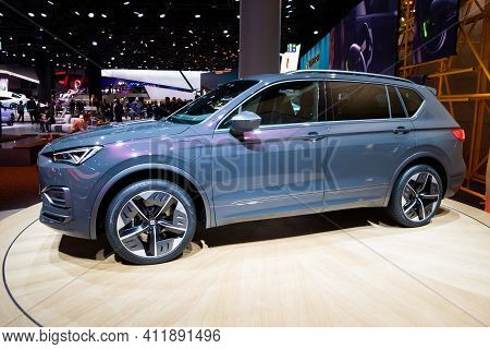 Frankfurt, Germany - Sep 11, 2019: Seat Tarraco Phev Car Showcased At The Frankfurt Iaa Motor Show 2