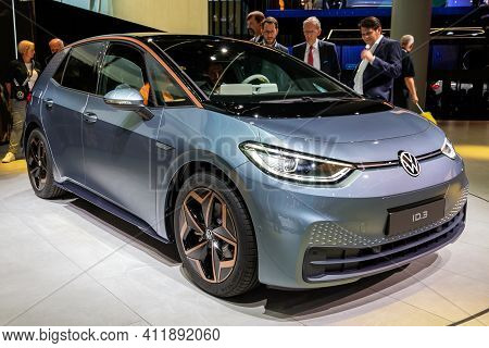 Frankfurt, Germany - Sep 11, 2019: Volkswagen Id.3 Electric Car Reveiled At The Frankfurt Iaa Motor 