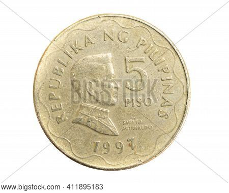 Philippines Five Piso Coin On White Isolated Background
