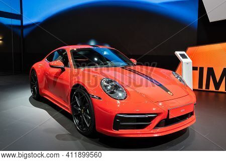 Brussels - Jan 9, 2020: Porsche 911 Carrera Sports Car Showcased At The Brussels Autosalon 2020 Moto