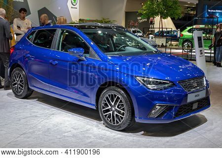 Brussels - Jan 9, 2020: New Seat Ibiza Car Model Showcased At The Brussels Autosalon 2020 Motor Show