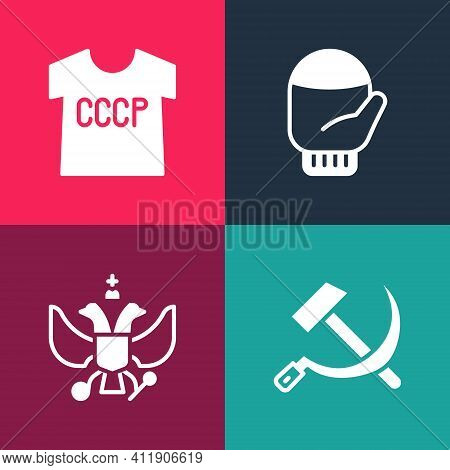 Set Pop Art Hammer And Sickle Ussr, National Emblem Of Russia, Christmas Mitten And T-shirt Icon. Ve
