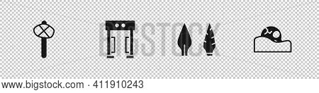 Set Stone Age Hammer, Metal Detector, Arrow Head And Human Skull Icon. Vector