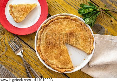 Indiana Sugar Cream Pie On The Wooden Background
