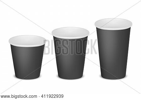 Vector 3d Realistic Paper Black Disposable Blank Empty Tea, Coffee Cup Set Isolated On White Backgro