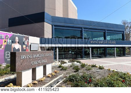 IRVINE, CALIFORNIA - 22 APRIL 2020:  Cheng Hall sign and main entrance to the Irvine Barclay Theater on the campus of the University of California Irvine, UCI.