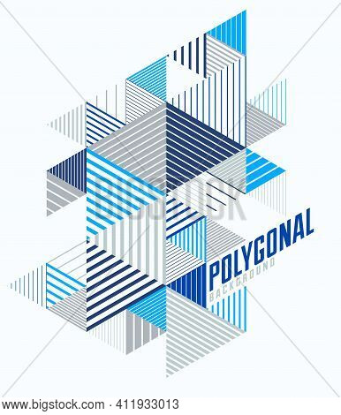 Line Design 3d Cubes And Triangles Abstract Background, Polygonal Low Poly Isometric Retro Style Tem