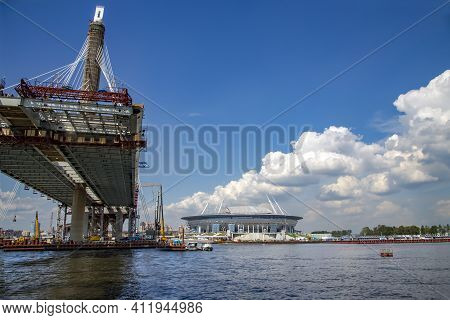 Russia, St.petersburg, July, 2016 - New Standing Obukhovsky Bridge Across The Neva Near Zenit Arena 