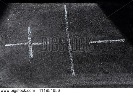 Pros And Cons Or Plus And Minus Written On A Chalkboard. Analysis Concept
