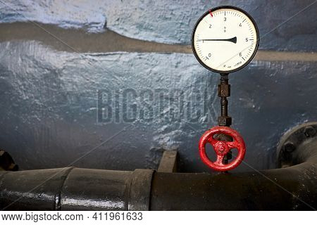 Petrochemical Plant Interior. Chemical Plant Equipment. Old Pressure Control Sensor Pressure Gauge M