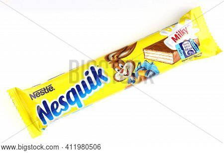 Lviv, Ukraine - April 27, 2020: Nesquik Chocolate Waffles In Yellow Packaging