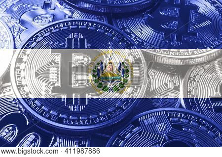 El Salvador Bitcoin Flag, National Flag Cryptocurrency Concept Black Background
