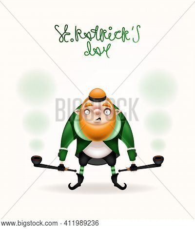 Happy St. Patrick's Day! Postcard, Flyer, Invitation. Character With A Red Beard Posing On A Light B