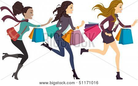 Illustration of Girls Carrying Shopping Bags Running to the Right Side of the Drawing