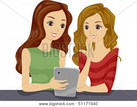 Illustration of Female Teenagers Examining a Tablet Together