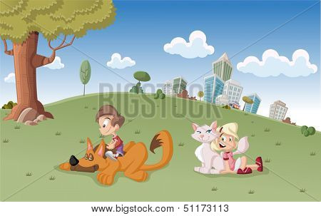 Colorful cute happy cartoon boy and girl with dog and cat on city park 