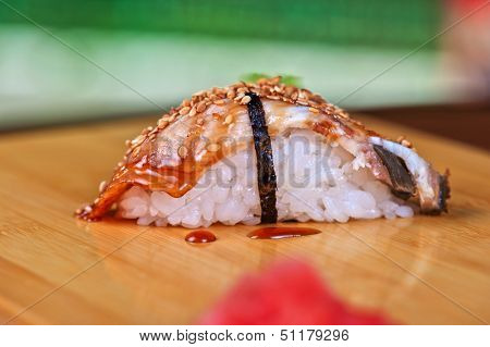 sushi unagi with sauced slice of smoked eel