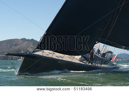 SAN FRANCISCO, CA - SEPTEMBER 13: Super yacht Chrisco competes in a regatta during the America's Cup in San Francisco, CA on September 13, 2013