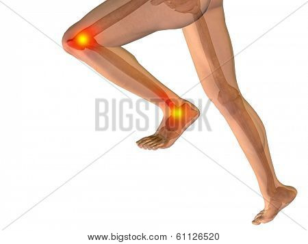 Conceptual 3D human man anatomy or health design, joint or articular pain, ache or injury isolated on white background